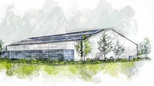 Architectural rendering of a glass and steel facility with a solar-paneled roof, surrounded by greenery